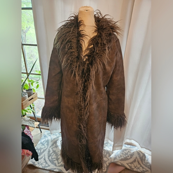 Bailey Rose Jackets & Blazers - Brown Faux-Suede Feather-Trim Long Coat Bailey Rose Medium Y2K 70s Style